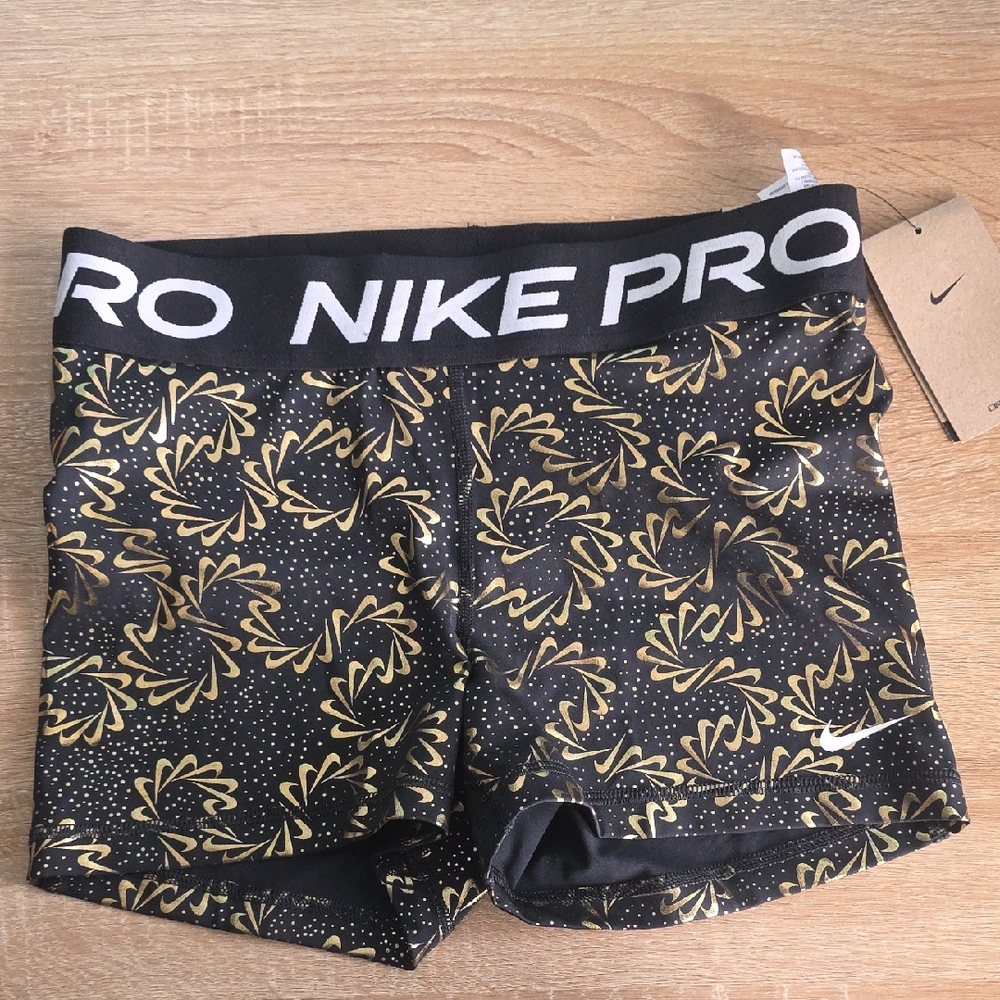 Nike Black and Gold Floral-Print Pro Shorts